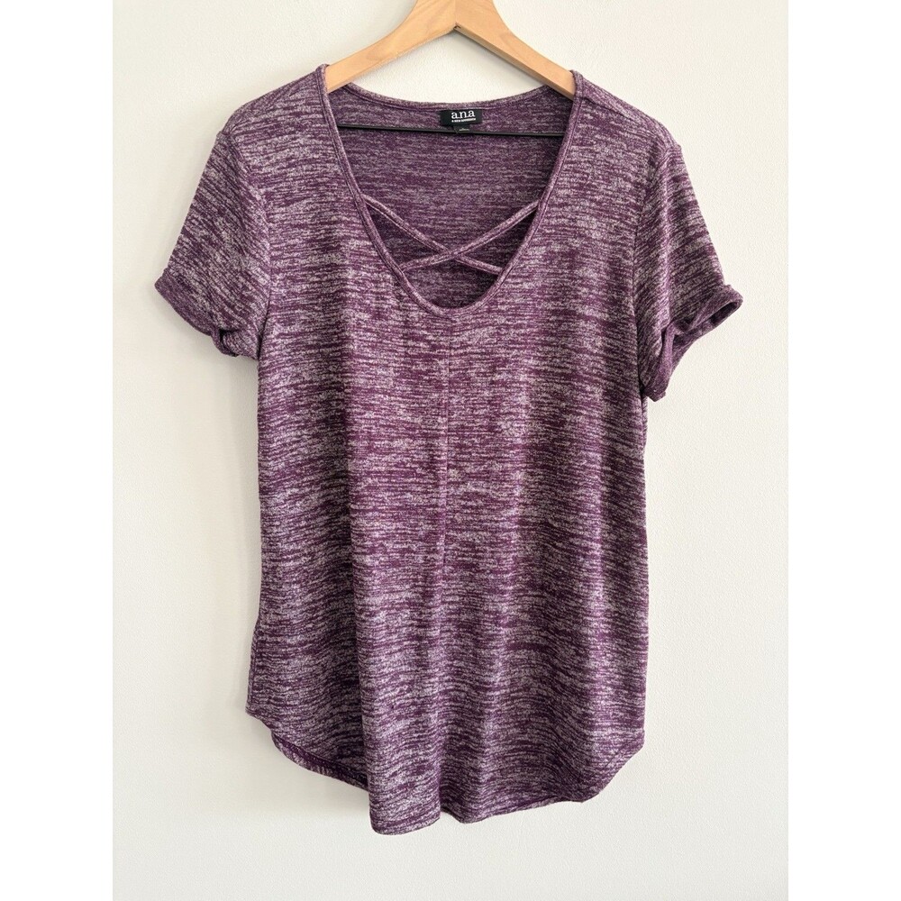ana Top Purple Gray Blended Large V Neck Stretch Short Sleeve Criss Cross Neck